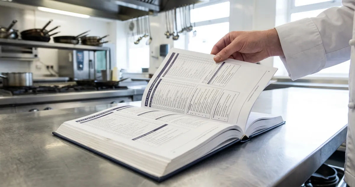 Restaurant staff training manual open on a kitchen counter showing procedures and checklists