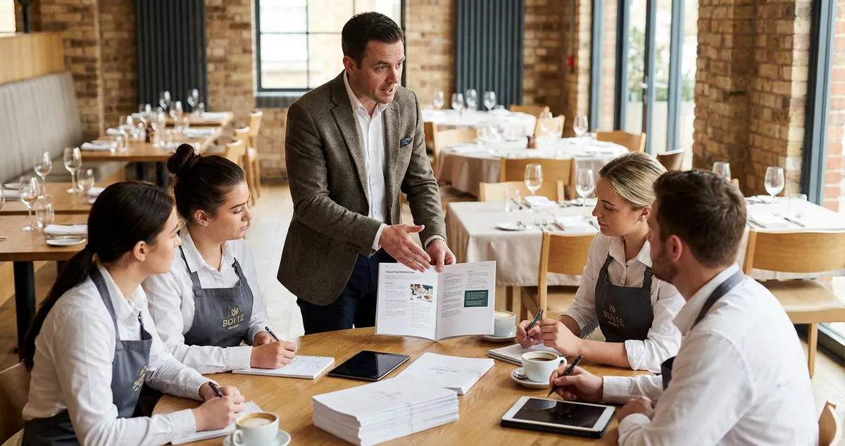 Manager leading a structured staff training session with new team members in a UK kitchen