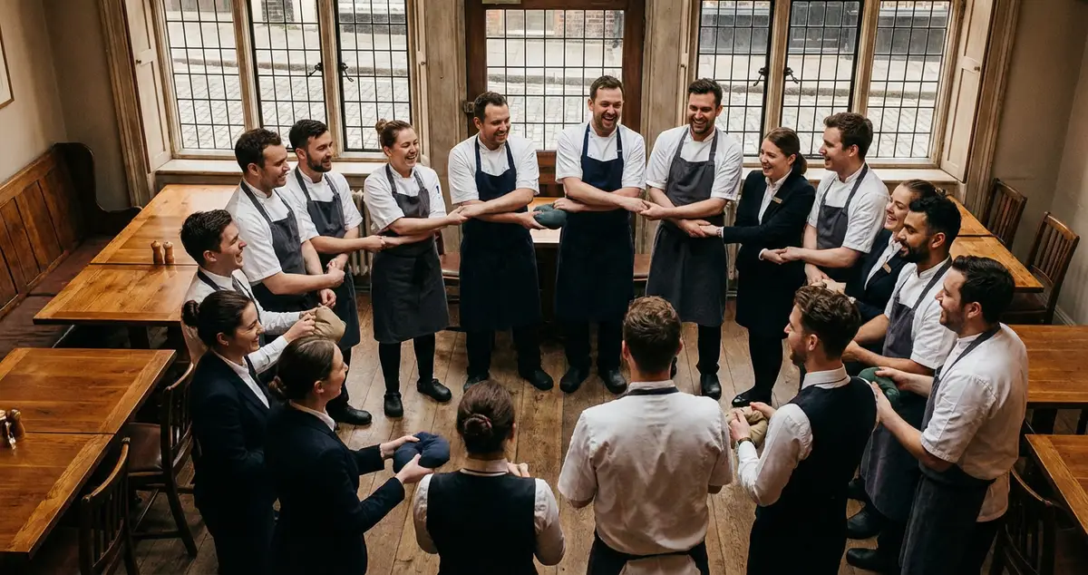 UK restaurant team participating in a team building exercise before evening service