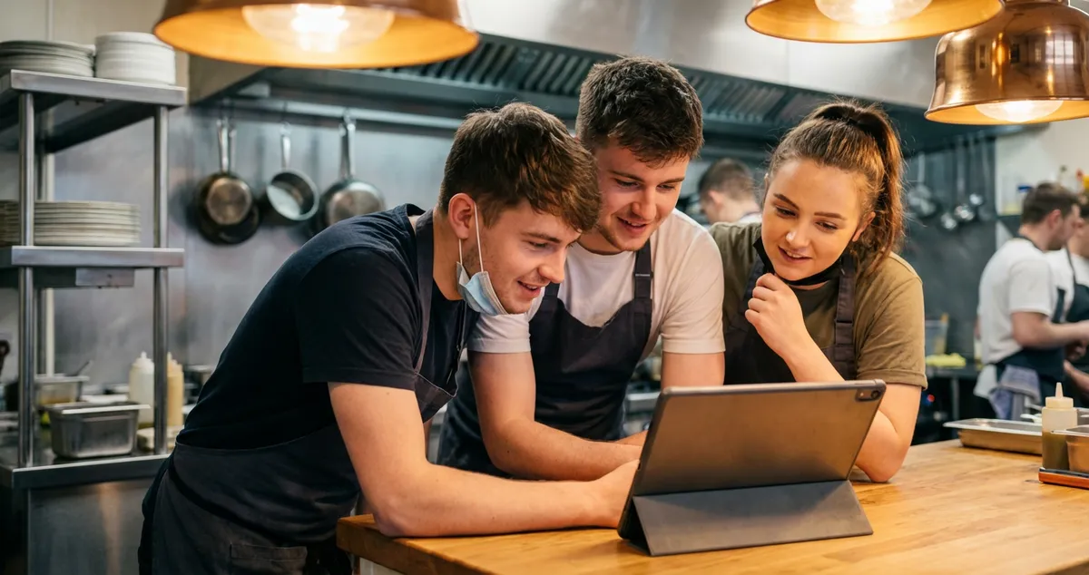UK restaurant staff watching training video on tablet during pre-shift briefing