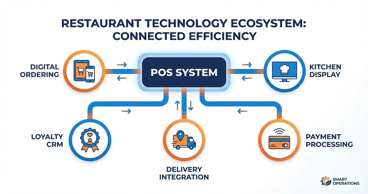 Restaurant technology framework diagram showing POS, ordering, and AI integration