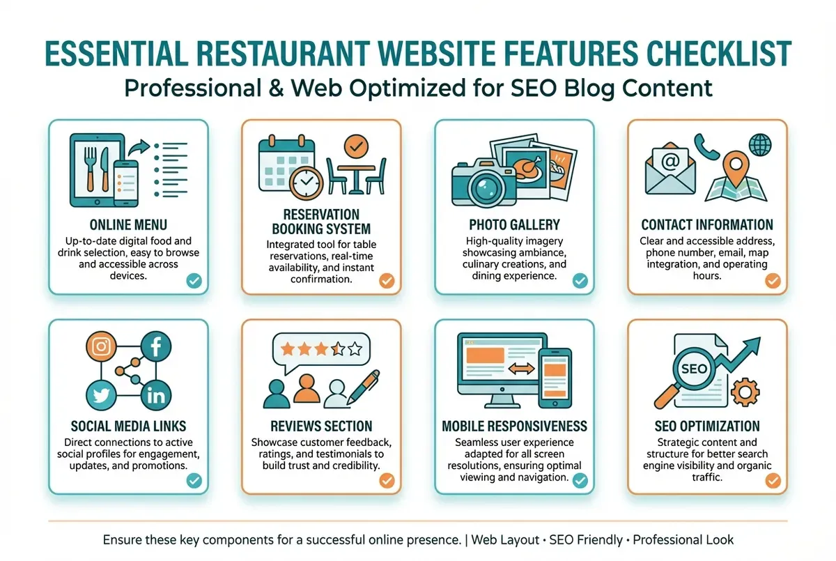 Essential restaurant website features checklist showing menu, booking, location, photos and contact elements
