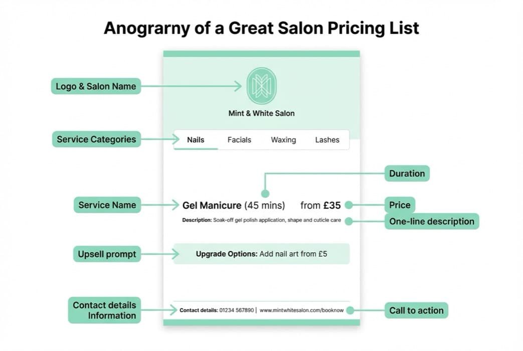 Anatomy of a great salon pricing list showing logo placement, service categories, descriptions, duration, prices and upgrade options