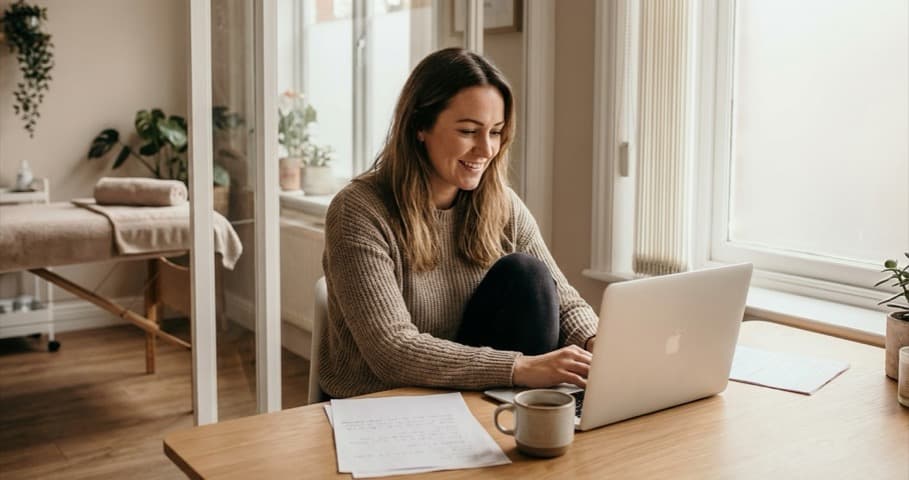 A salon owner sits at a laptop comparing salon software pricing options with coffee and handwritten notes beside her