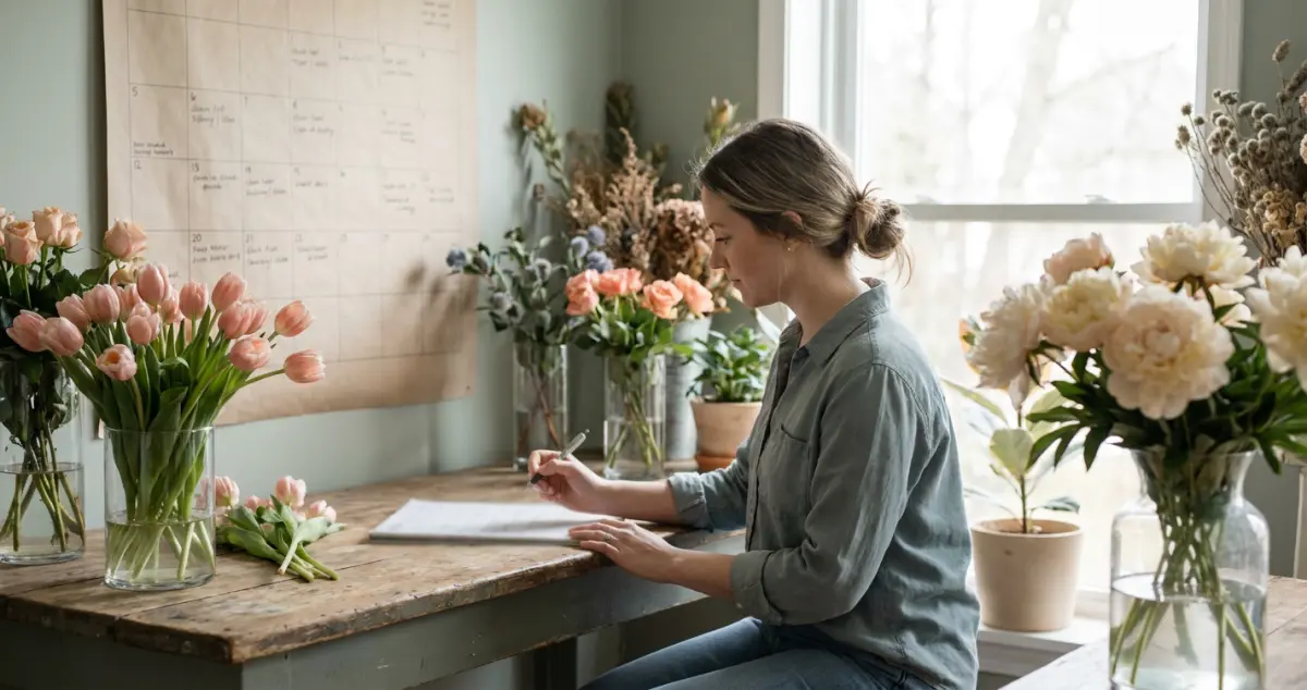 Seasonal flower calendar: a florist planning the year with a wall calendar and seasonal flowers, spring tulips and summer peonies on the bench