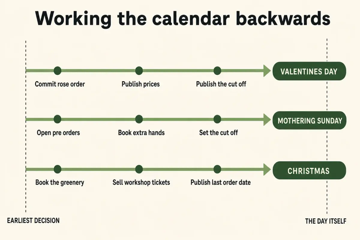 Three timelines running toward Valentine's Day, Mothering Sunday and Christmas, each showing the decisions that have to land before the date