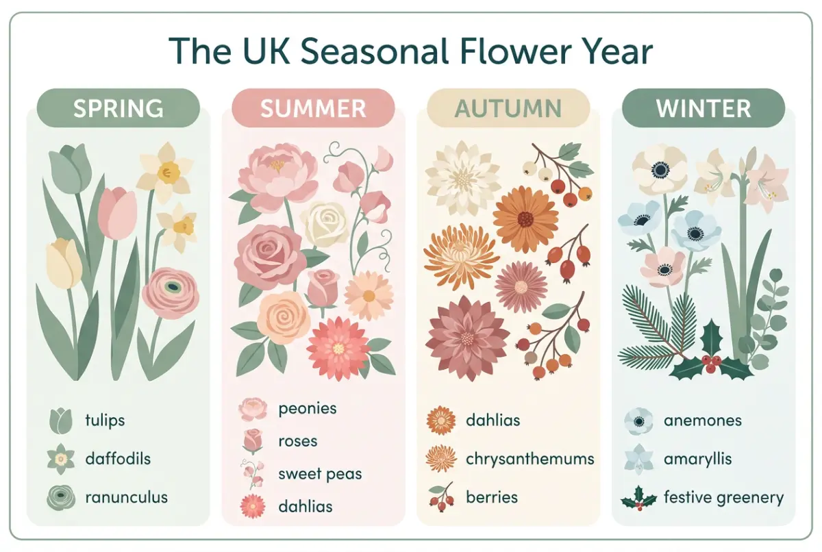 Seasonal flower calendar diagram: the UK florist year showing seasonal flowers and key occasions across spring, summer, autumn and winter