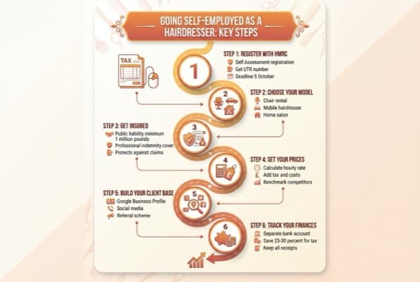 Infographic showing key steps to becoming a self employed hairdresser: register with HMRC, choose your model, get insured, set your prices, build your client base, track your finances