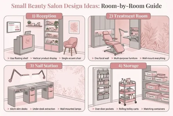 Infographic of small salon design tips for reception, treatment room and storage
