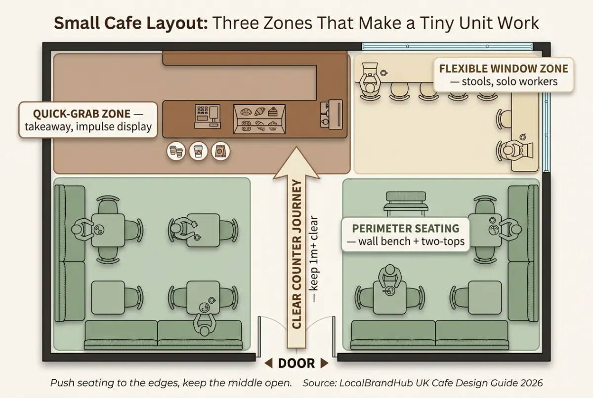 Small cafe interior design ideas diagram — a compact cafe floor plan showing the counter journey, perimeter seating and a flexible window zone