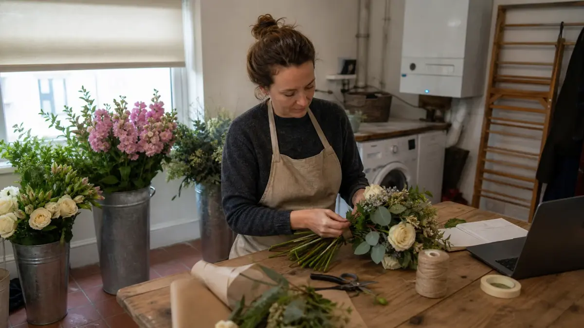 Starting a florist business from home: a florist making a hand tied bouquet on a pine table in a British utility room, buckets of flowers on the tiled floor