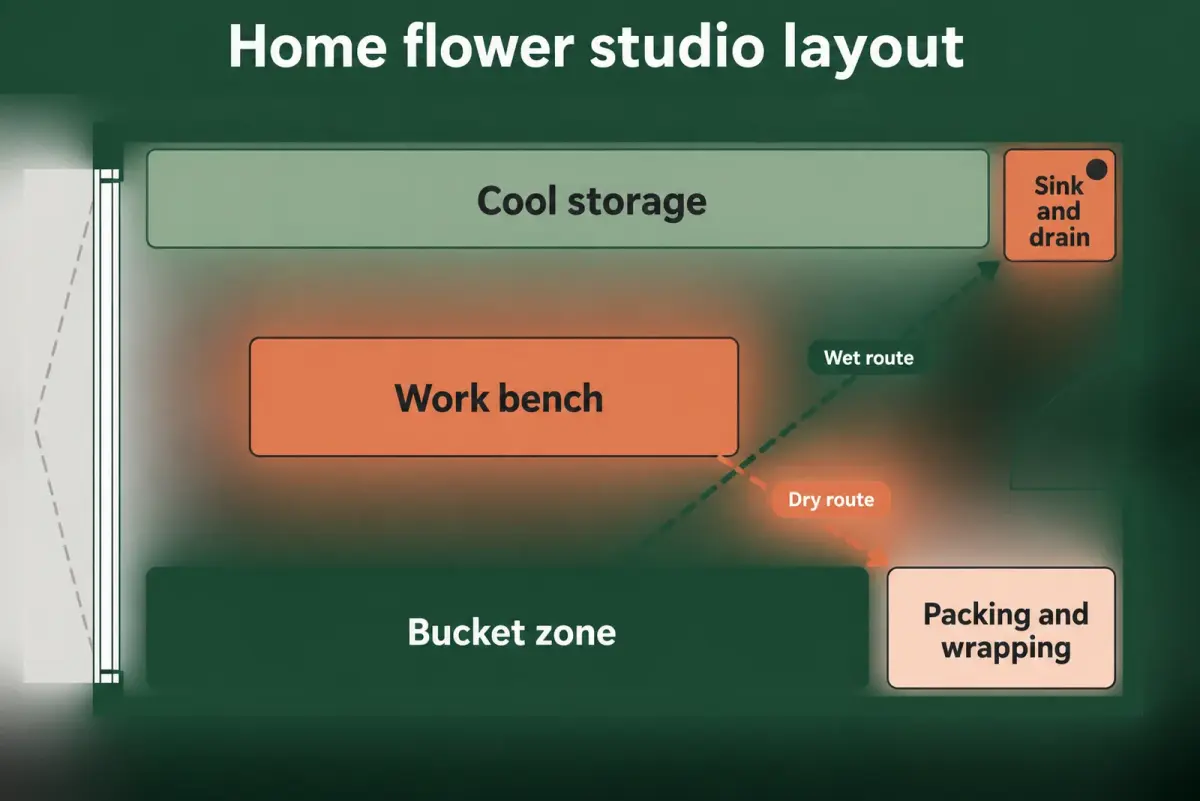 Layout diagram of a home flower studio showing the work bench, cool storage, bucket zone, packing area and a sink