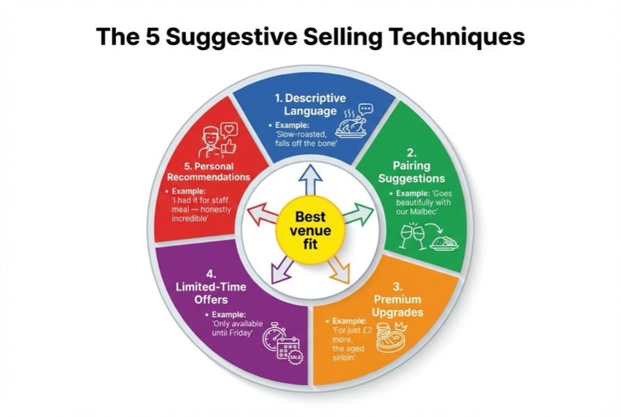 Diagram comparing the five suggestive selling techniques for restaurants with examples and best-fit venue types