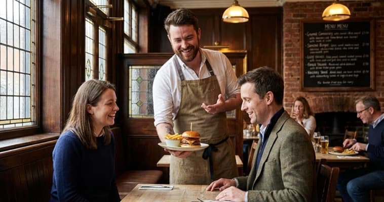 Server recommending dishes to diners at a UK restaurant table