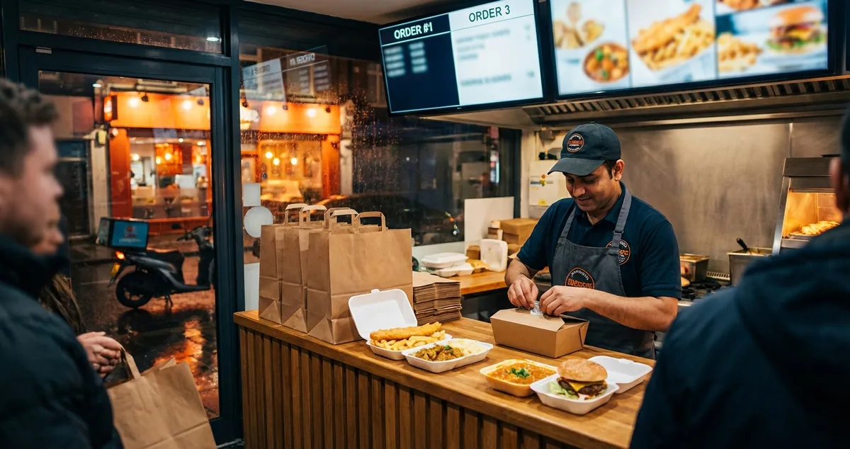 Takeaway marketing in action - a busy UK counter with order screens and staff packaging food