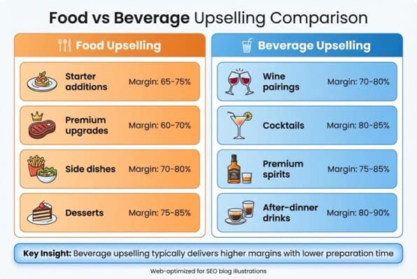 Diagram comparing food and beverage upselling techniques with examples and margin impact