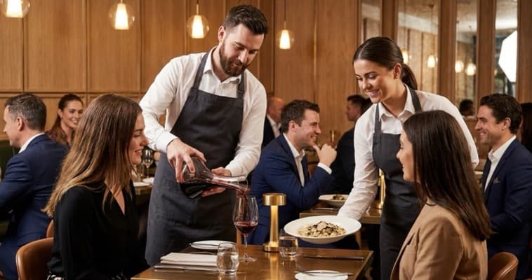 Server recommending premium dishes to restaurant guests as an upselling technique in food and beverage