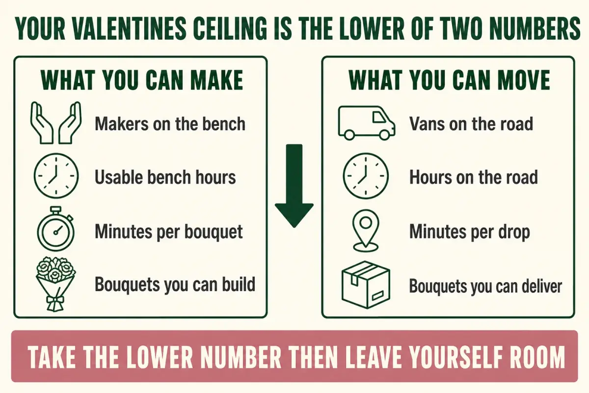 Diagram of a Valentine's capacity calculation in two panels, a make side listing makers on the bench, usable bench hours and the time each bouquet takes, and a move side listing vans, hours on the road and the time each drop takes, with a banner beneath naming the lower of the two figures as the ceiling