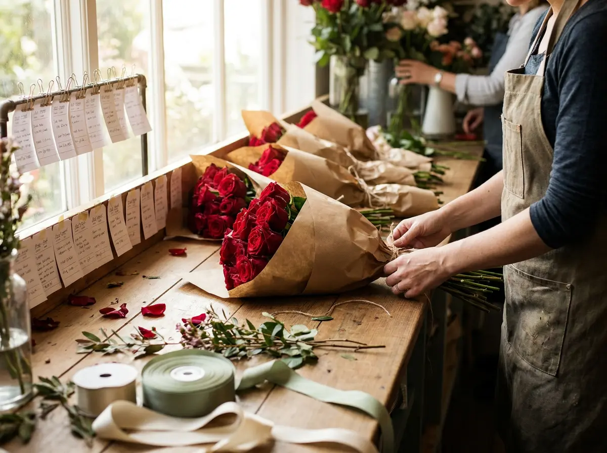 Valentines day florist: a florist wrapping dozens of red rose bouquets at a busy bench ahead of Valentine's Day, order labels lined up