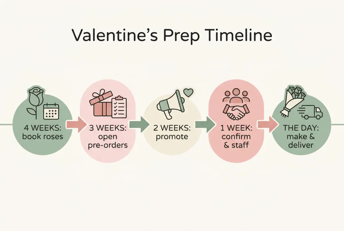 Valentine's Day florist diagram: a preparation timeline from four weeks out (stock, pre-orders) to the day itself (deliveries, staffing)