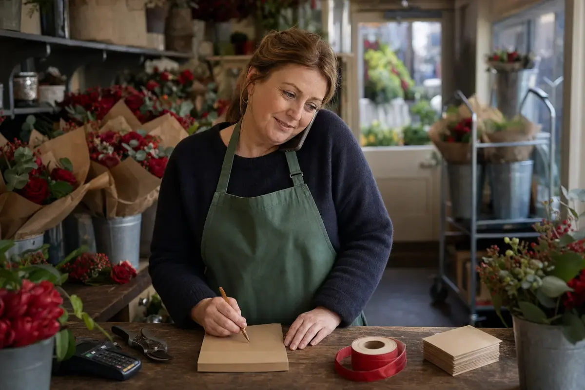 A florist standing at the shop counter on a busy Valentine's morning with the phone to her ear and a pencil over an order pad, the bench behind her full of finished bouquets waiting to go out