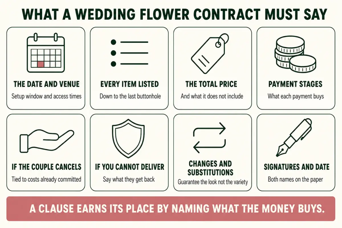 Diagram mapping the eight clauses a wedding flower contract must cover, from the date and venue through payment stages and cancellation to signatures