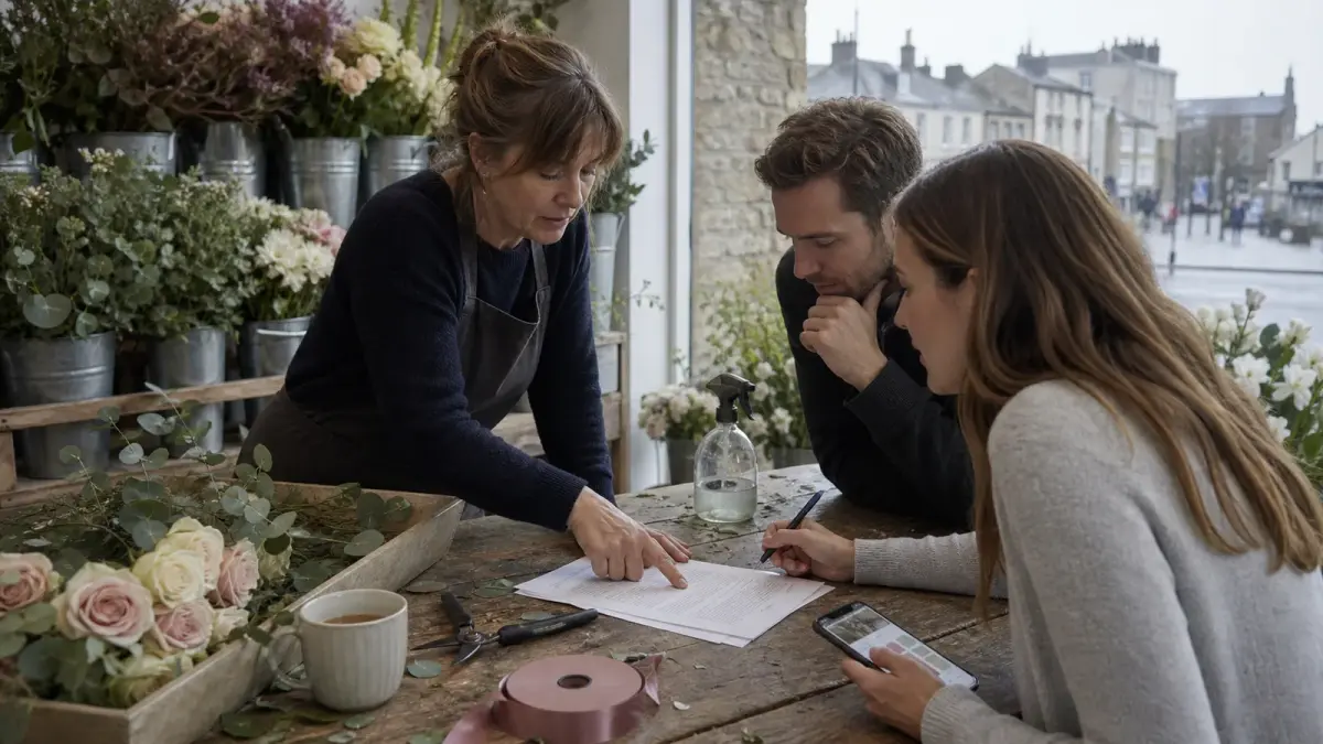 A wedding florist stands at her shop workbench going through a printed booking contract with an engaged couple, snips and conditioned garden roses beside the paperwork