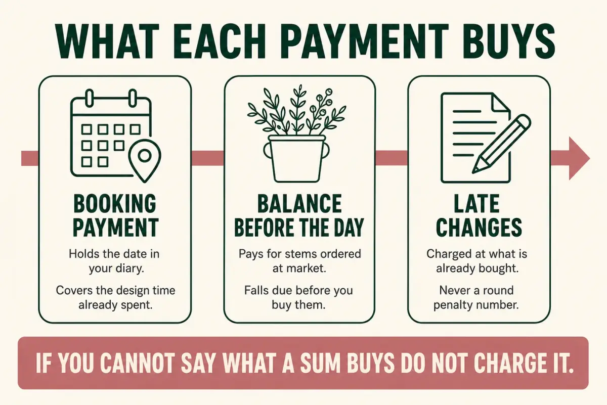 Diagram of three wedding flower payment stages: a booking payment holding the date, a balance due before stems are bought, and late changes charged at cost