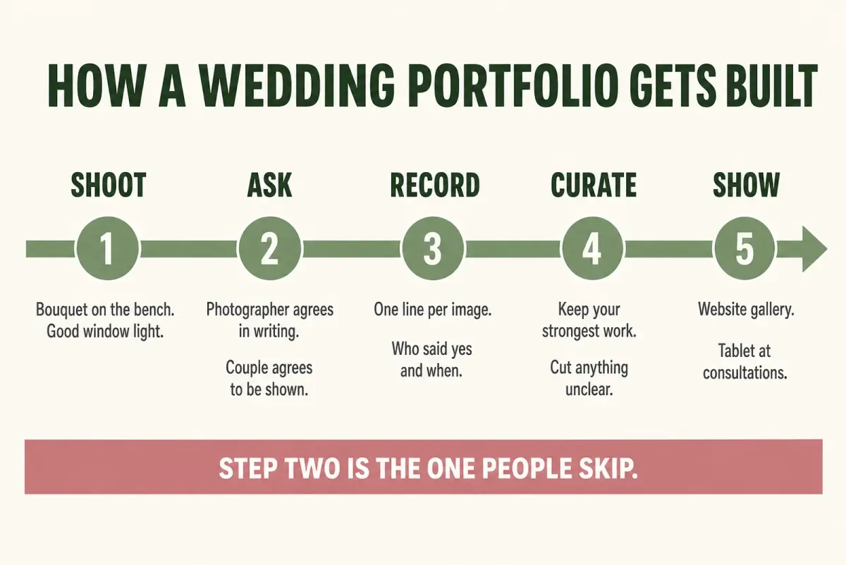 Diagram of the five stage portfolio build sequence from shooting your own images through asking and recording permission to curating and showing the work