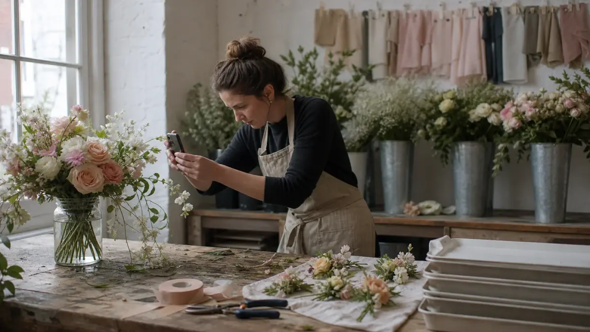 Wedding florist in a linen apron photographing a finished bridal bouquet on a scrubbed studio bench in soft window light before delivery