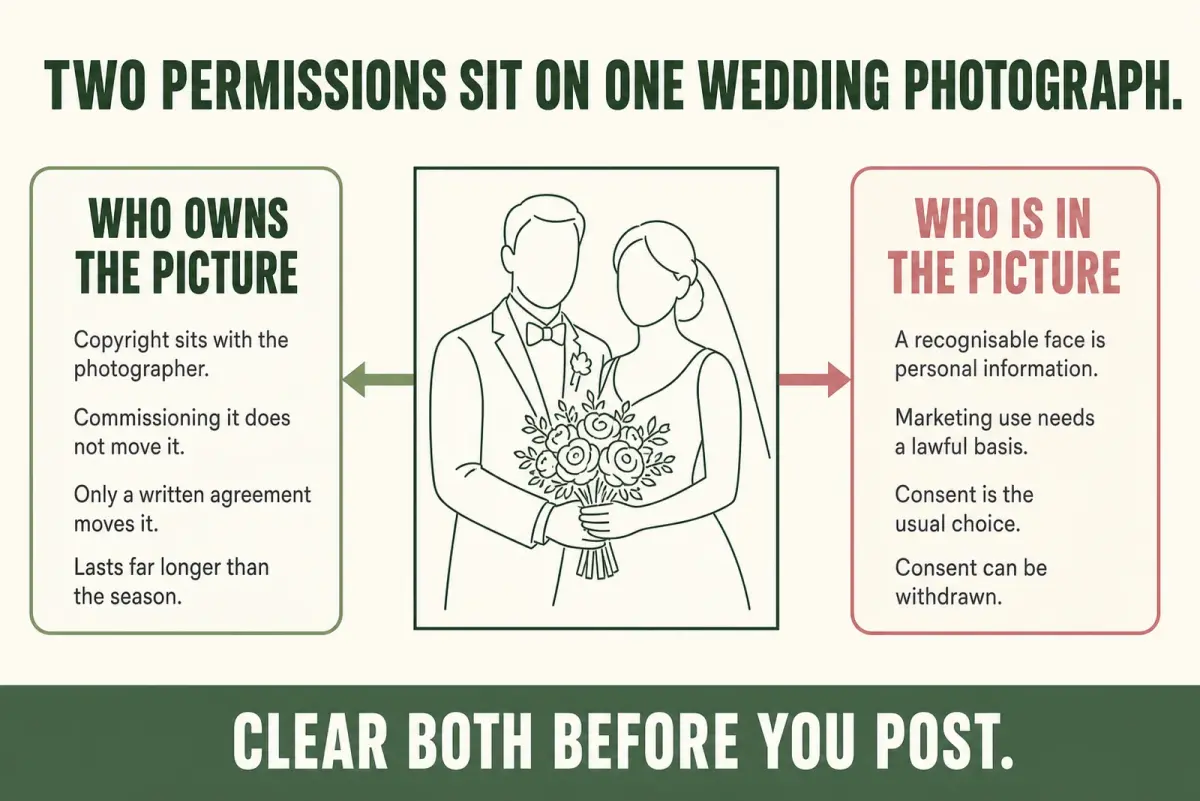 Diagram splitting one wedding photograph into who owns the picture on the left and who is in the picture on the right, with the copyright and personal information points under each