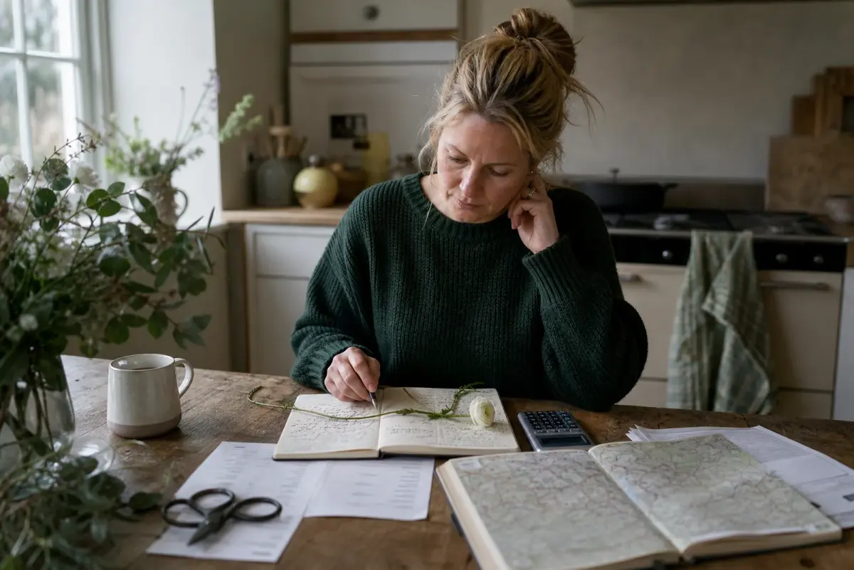 Florist at a kitchen table costing a wedding, with a notebook of timings, a road atlas, a calculator and a mug beside a folded delivery run sheet