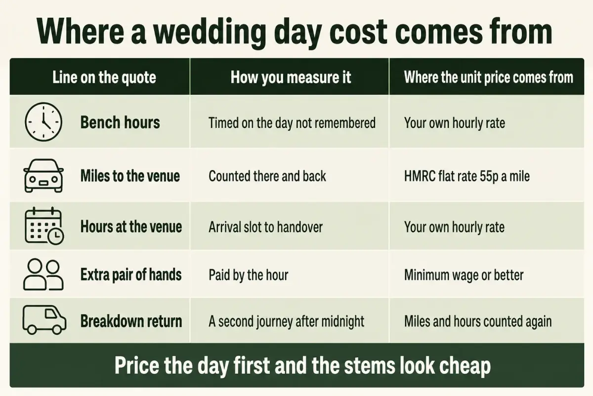 Diagram table of wedding cost lines from bench hours to the breakdown return, showing how to measure each one and where its unit price comes from