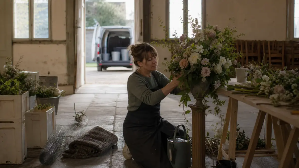 Wedding florist kneeling on a village hall floor at first light, wiring stems into a tall pedestal arrangement beside flower crates and an open van