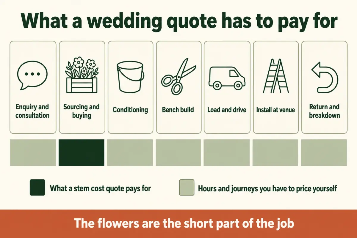 Diagram of a wedding job as a timeline from enquiry to breakdown, with a bar showing that a stem cost quote pays only for the sourcing stage