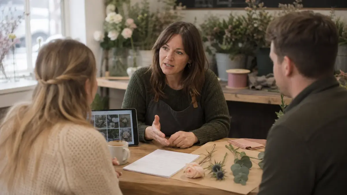 Wedding flower consultation at a British florist's table, a printed question sheet and loose stems between her and an engaged couple