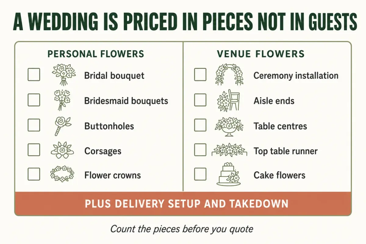 Wedding flower consultation piece list breakdown: a checklist infographic of personal and venue flowers, from bouquets and buttonholes to aisle ends and table centres