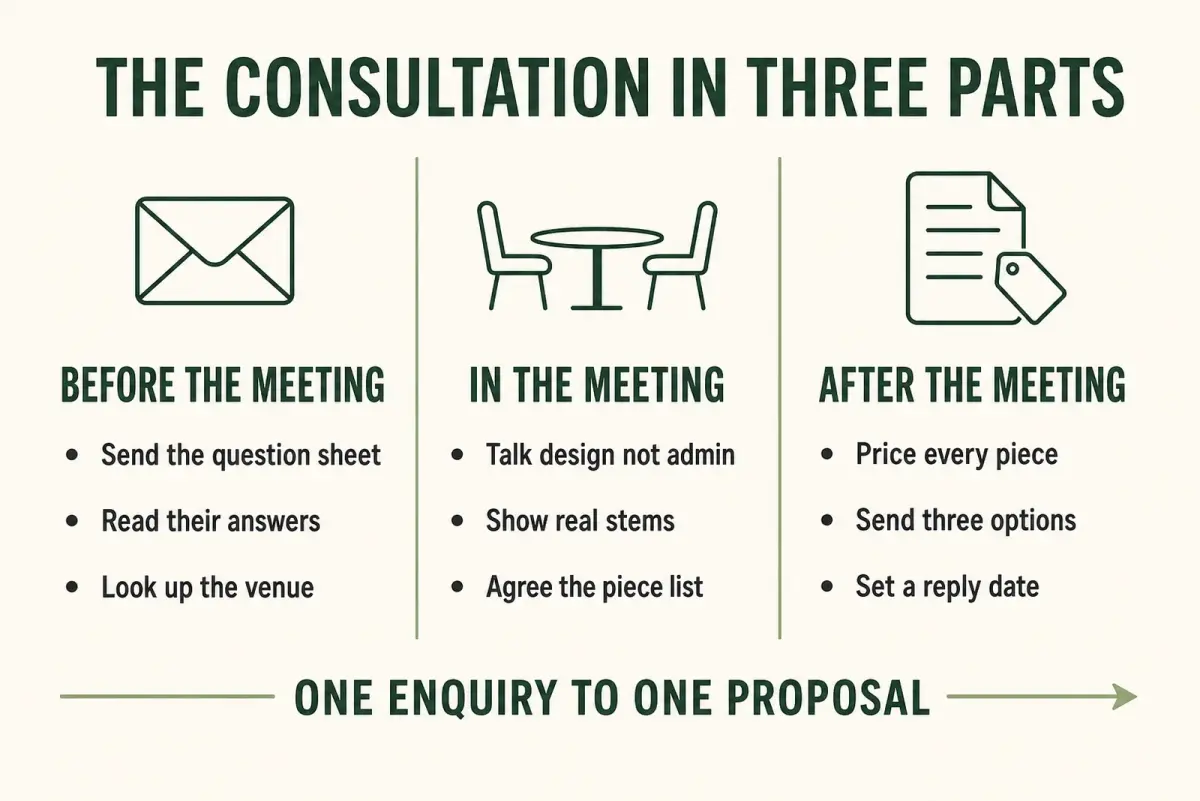 Wedding flower consultation process diagram: send the sheet before, agree the piece list in the meeting, price the options after