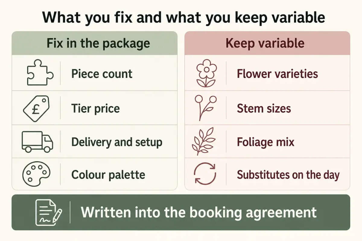 Diagram of fixed and variable parts of a wedding flower package, from piece count and tier price to varieties and substitutes