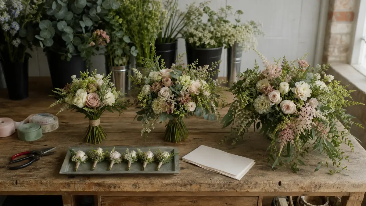 Wedding flower packages laid out as three sample bouquets on a florist studio bench beside a tray of buttonholes and a printed price sheet