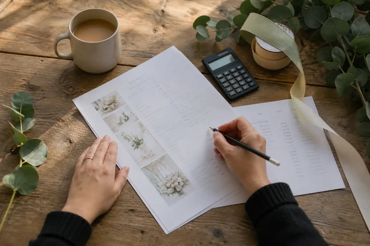 Florist hands working through a printed wedding package sheet with a pencil, a calculator and a wholesale delivery note on a studio table