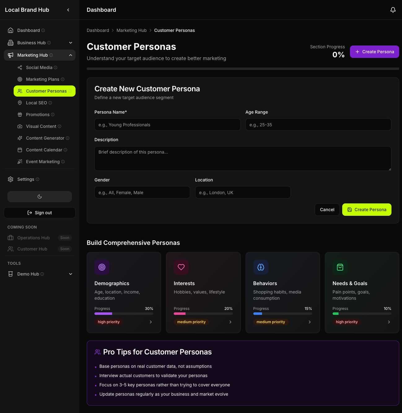 Creating customer personas with UK-specific fields showing empty form