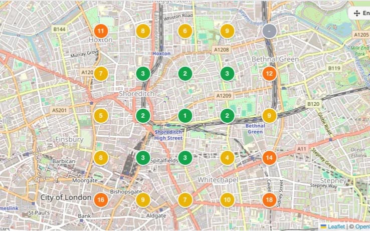 Local Rank Map showing colour-coded ranking pins on a street map around a business