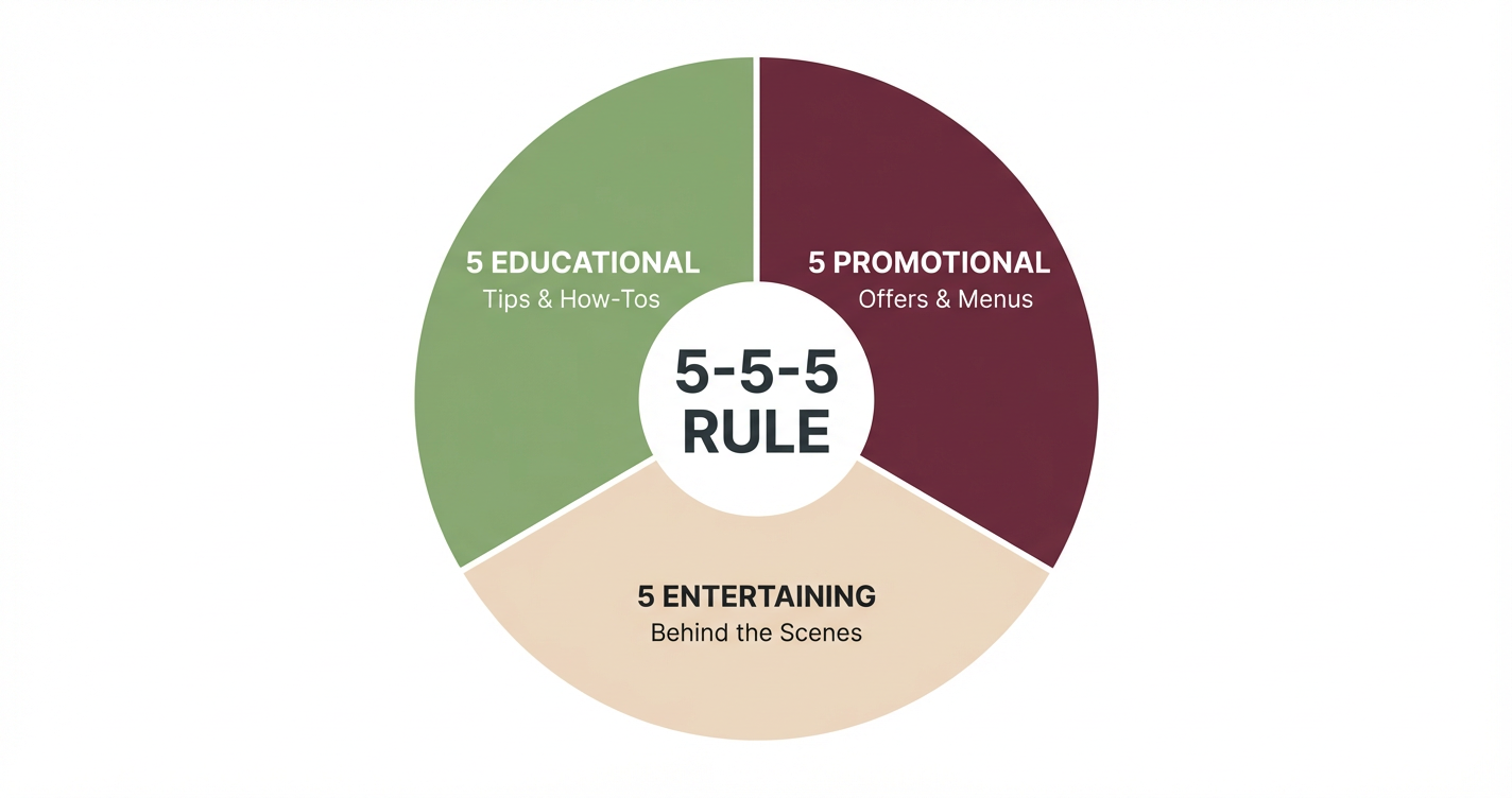 5-5-5 rule diagram showing equal distribution of educational, entertaining, and promotional content for restaurant social media